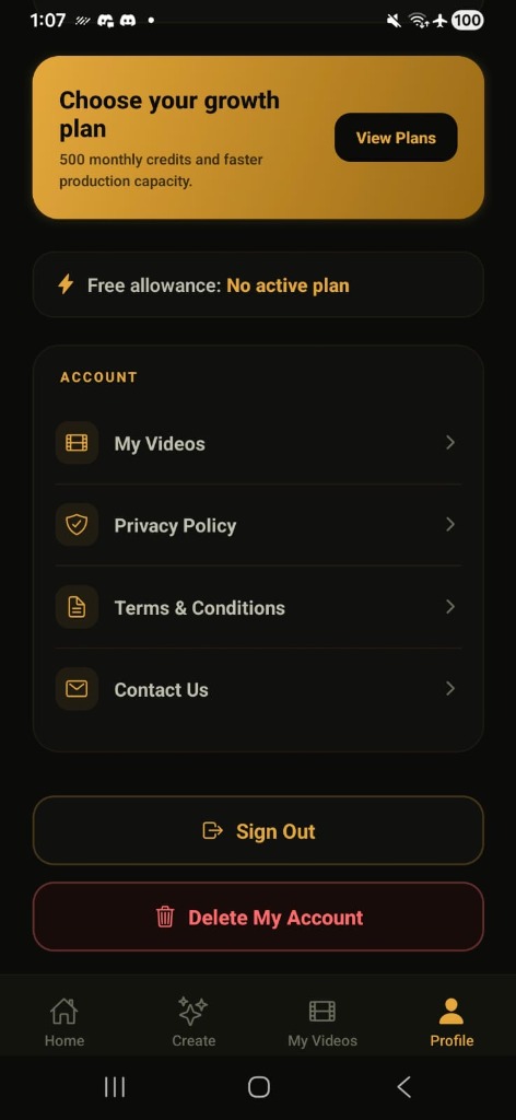 Delete My Account button inside Zynos AI app profile section